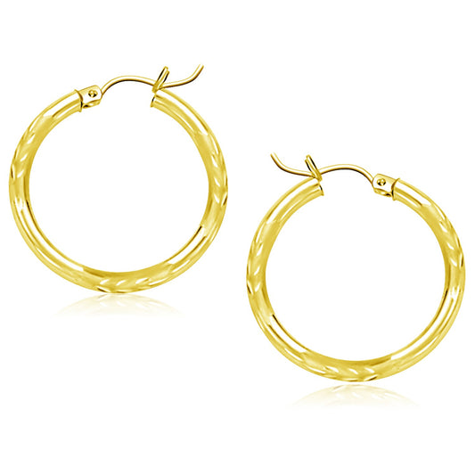 14k Yellow Gold Diamond Cut Hoop Earrings (3x25mm)