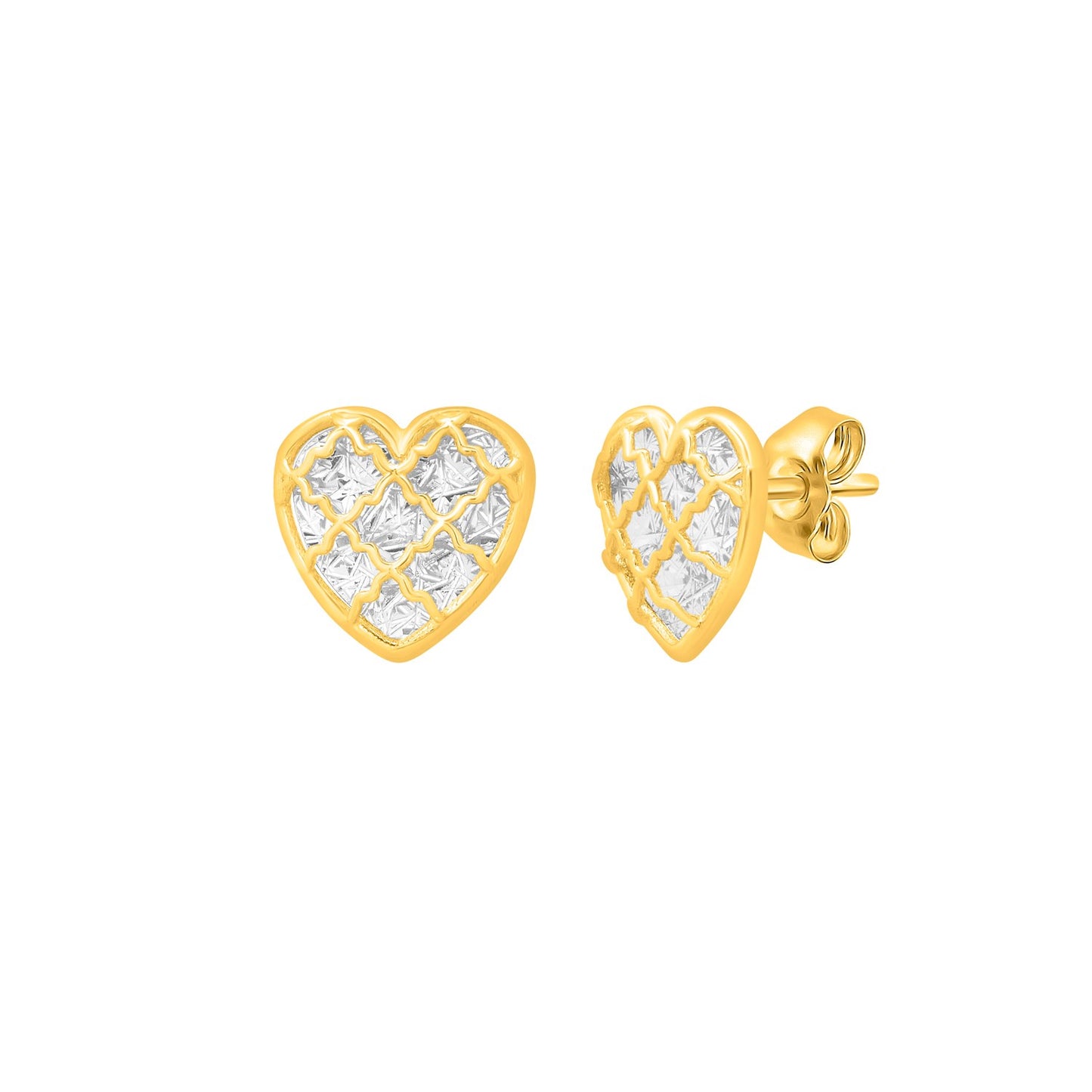 Checkered Heart Stud Earrings in 14K Yellow Gold