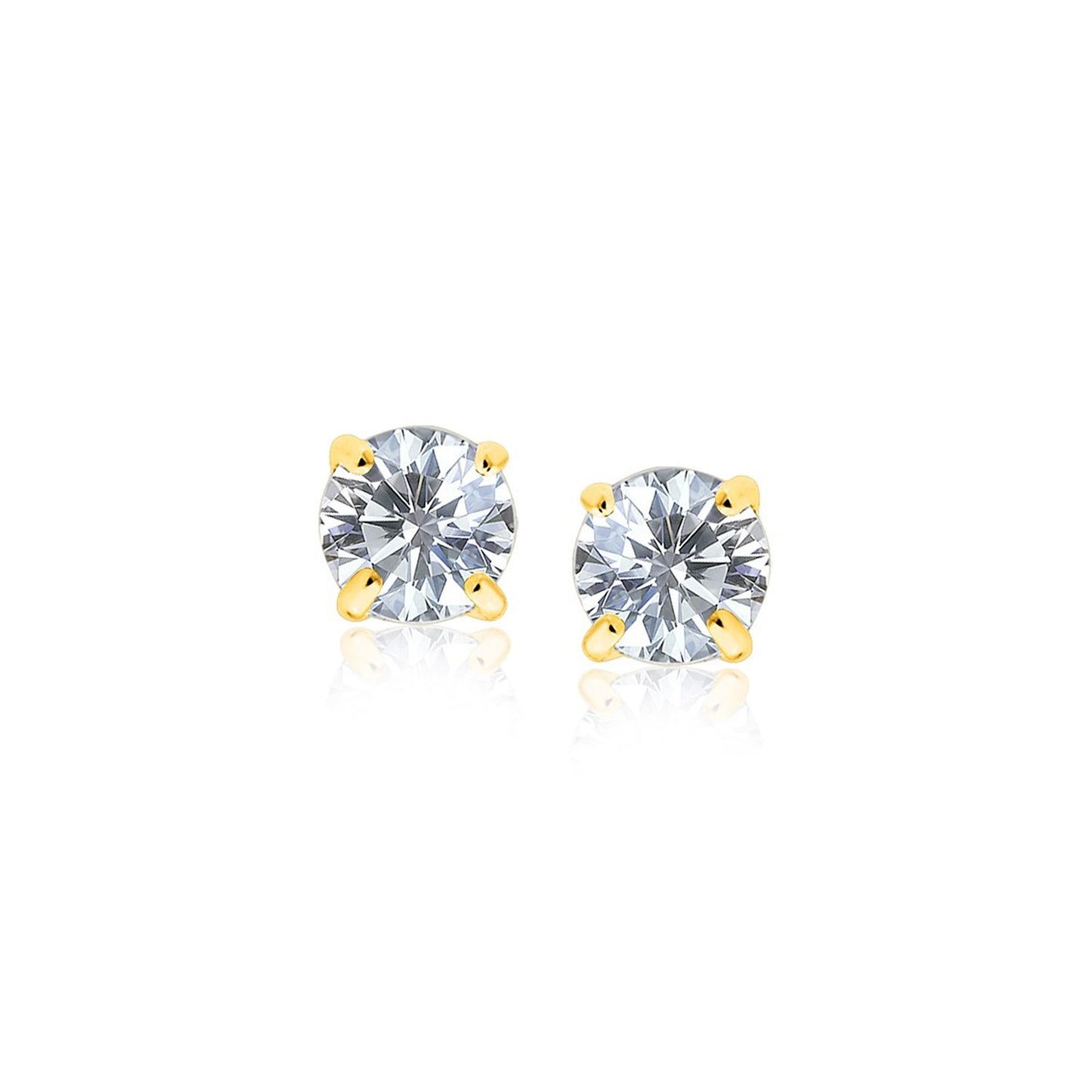 14k Yellow Gold Stud Earrings with White Hue Faceted Cubic Zirconia(5mm)