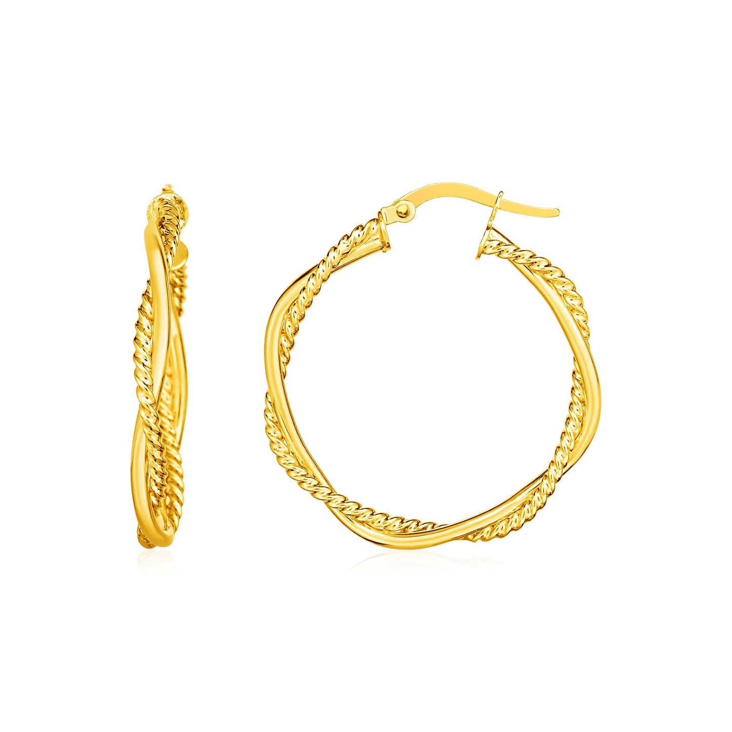 14k Yellow Gold Two Part Textured Twisted Round Hoop Earrings(3x25mm)