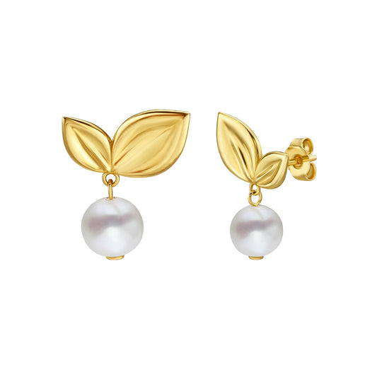 Pearl Drop Earrings with Cherry Leaf in 14K Yellow Gold