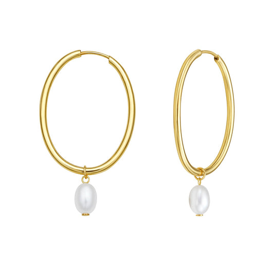 Pearl Drop Oval Earrings in 14K Yellow Gold